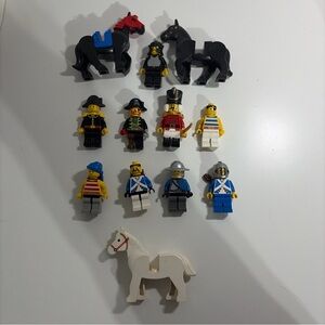 Lego Pirate and Knight Minifigure Collection with Black and White Horses